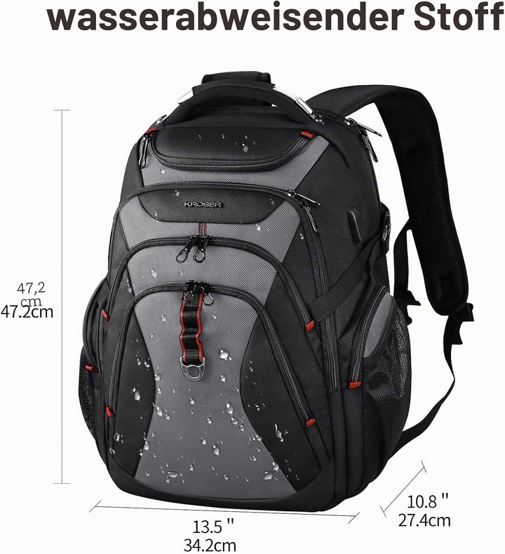 KROSER Laptop Rucksack 17,3 Zoll Reise XL Business Daypack Schwerlast Wasserdicht mit Hartgeschältem