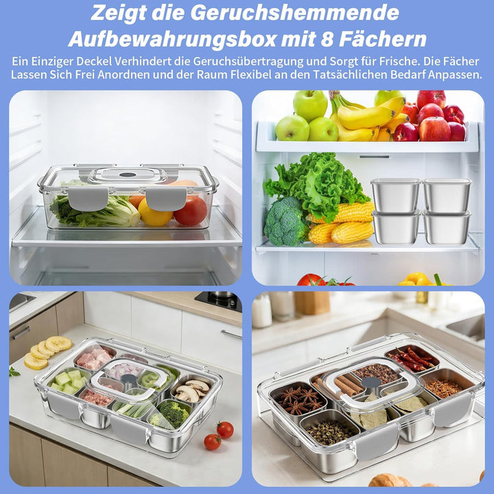 Snackbox Edelstahl mit 8 Fächern, Tragbar & Auslaufsicher Snackteller mit Deckel für Snacks, Süssigk