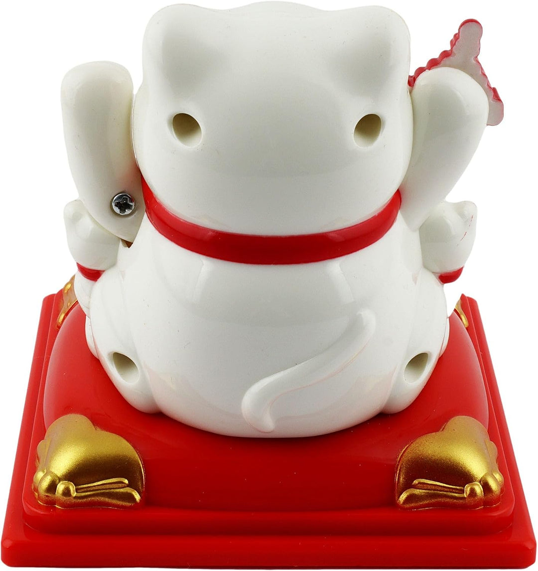 Freak Scene Glückskatze Maneki-Neko Knoten weiss Solar auf Sockel 8cm Winkekatze Lucky cat, Weiss
