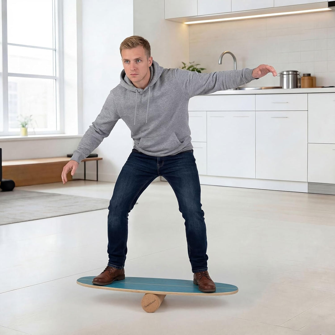 FANTASK Balance Board aus Birkenholz, FSC-zertifiziertes Wackelbrett mit Korkrolle & Halterung, Glei