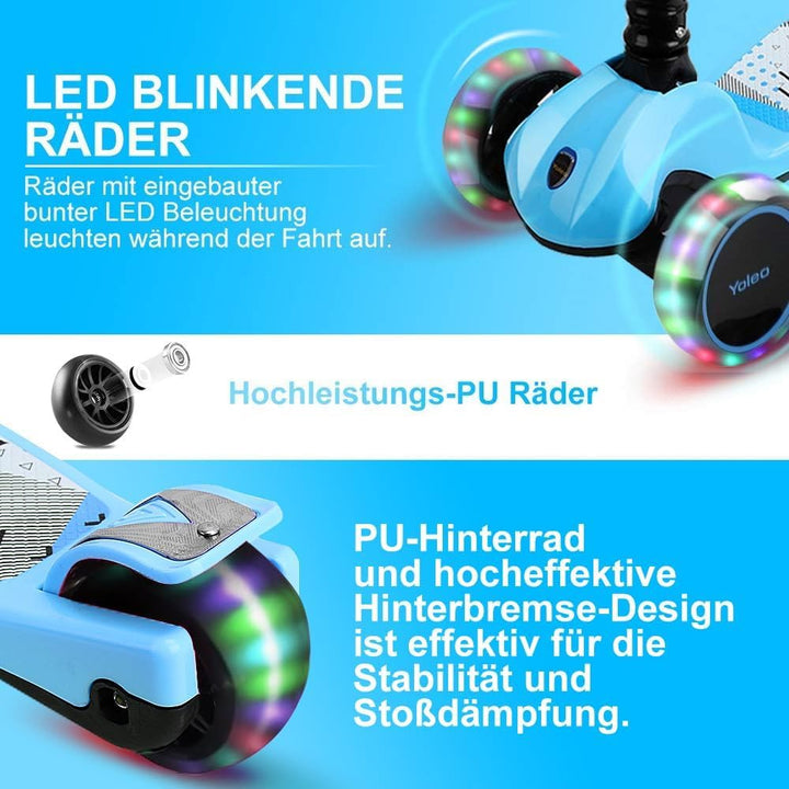 YOLEO Kinderoller Kinderscooter Dreiradscooter mit LED Räder, 2-Rädern Hinterbremsen,4 Höhenverstell