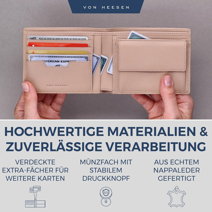 VON HEESEN Leder Geldbörse RFID Schutz I Echtleder Geldbeutel für Damen & Herren I Portemonnaie Brie