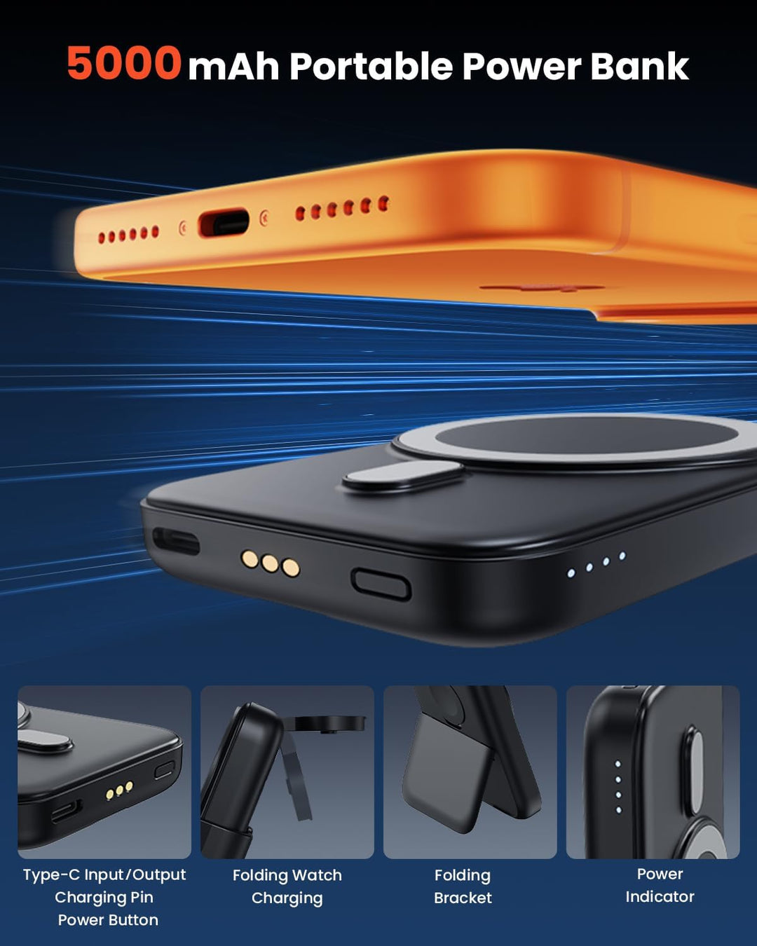 GEEKERA 3-in-1 Faltbare Magnetische Ladestation: 2026 Upgrade herausnehmbare 5000mAh Powerbank, indu