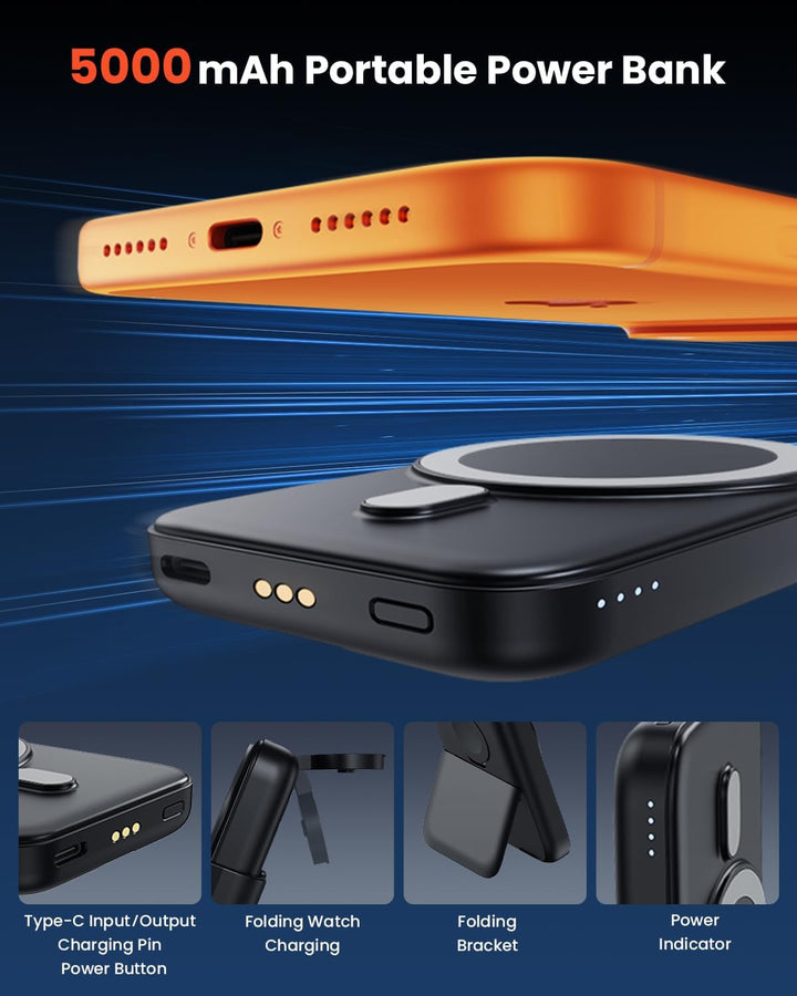 GEEKERA 3-in-1 Faltbare Magnetische Ladestation: 2026 Upgrade herausnehmbare 5000mAh Powerbank, indu