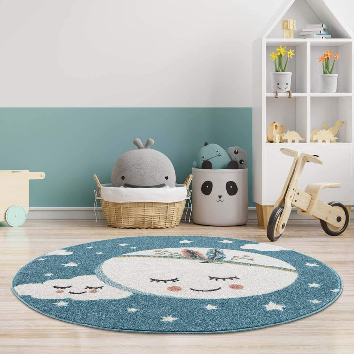 carpet city Kinderteppich Kinderzimmer Blau - 120 cm Rund - Mond Sterne - Kinderzimmerteppiche Mädch