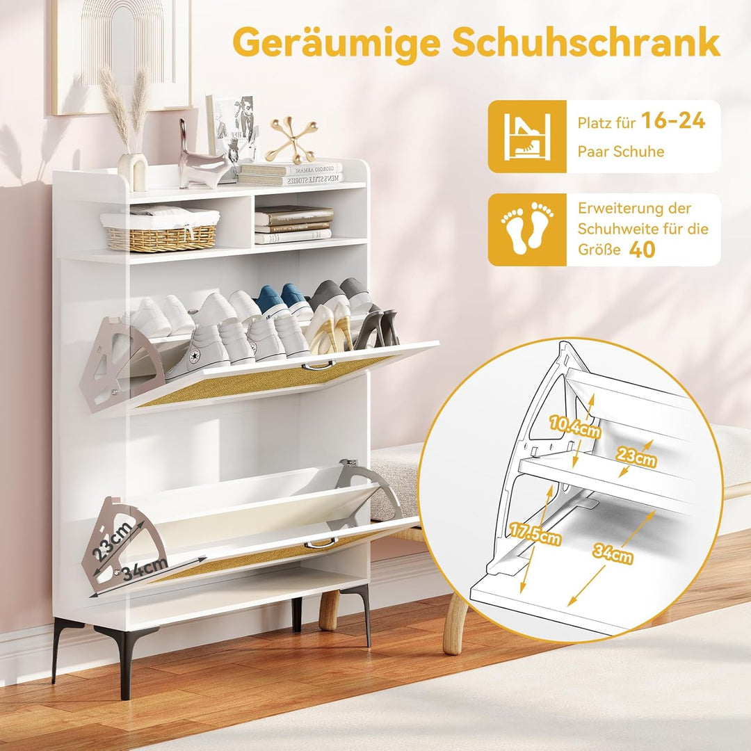 Dripex Schuhschrank weiss, Schuhkipper mit Rattan-Dekor, mit 2 Flip-Schubladen,Schuhregal schmal mit