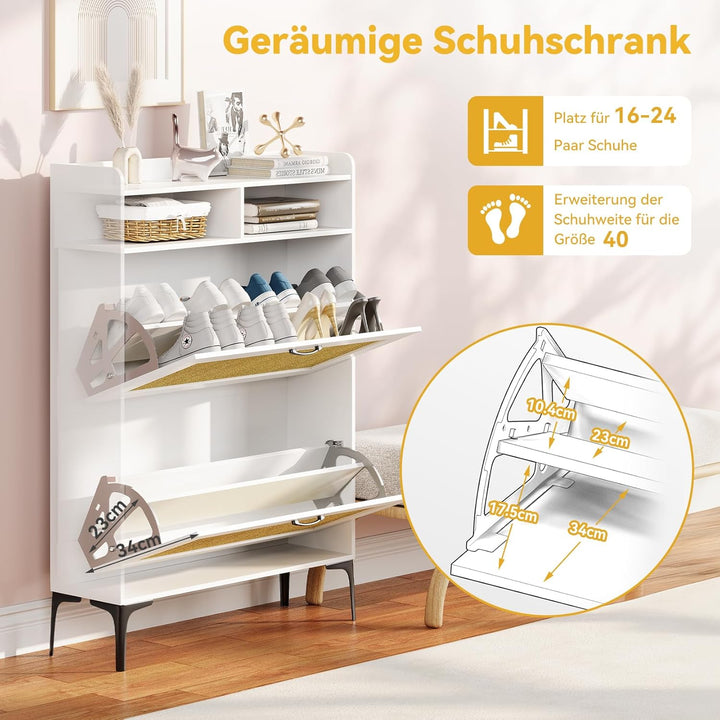 Dripex Schuhschrank weiss, Schuhkipper mit Rattan-Dekor, mit 2 Flip-Schubladen,Schuhregal schmal mit