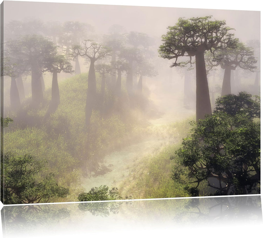 Mysteriöser Wald im Nebel, Format: 100x70 auf Leinwand, XXL riesige Bilder fertig gerahmt mit Keilra