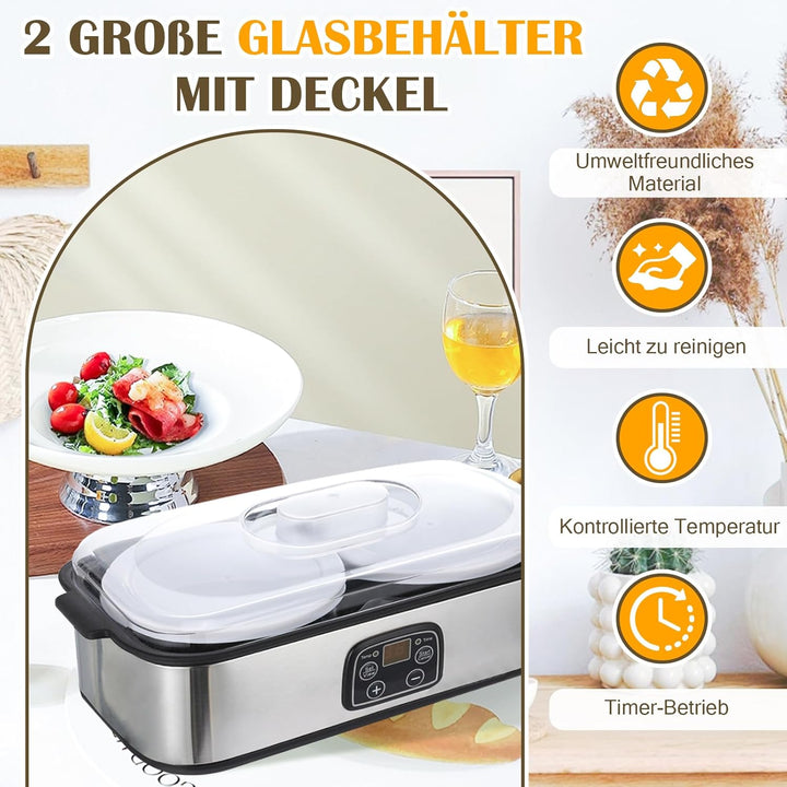 Joghurtbereiter, 2L Automatischer Digitaler Joghurtmaschine mit 2 Gläsern, Joghurtmacher mit Timer u