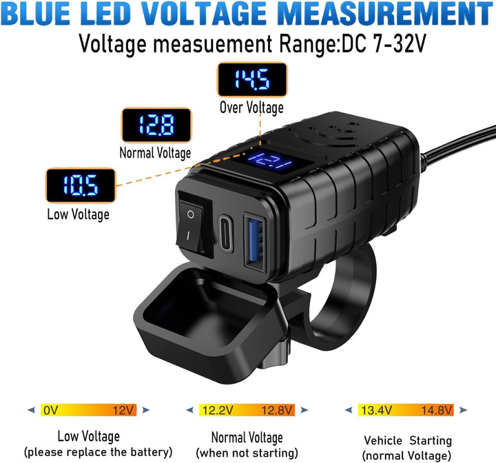 Motorrad Handy Ladegerät 12-24V mit Hochstrom PD QC3.0 Port Digital Voltmeter Anzeige und Schalter S