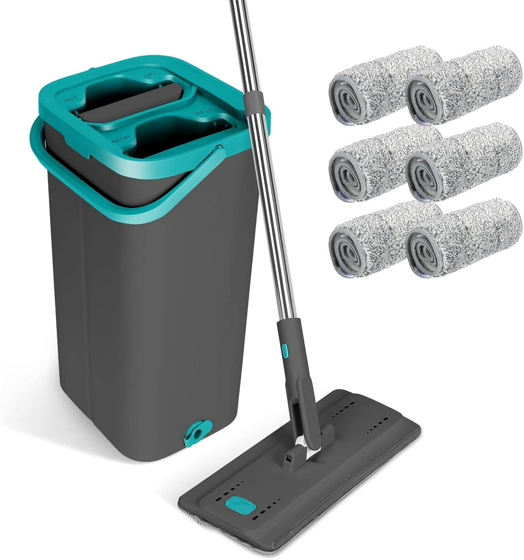 Masthome Wischmopp und Eimer Set, Flacher Bodenwischer mit 6 Mikrofaser-Wischpads und 148 cm Edelsta