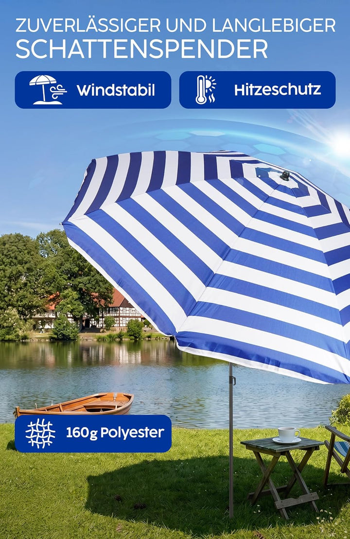 4smile Sonnenschirm Strand SunnyJoy, Blau-Weiss - UPF 50+ Strandschirm Ø 180 cm, sicherer Sonnenschu
