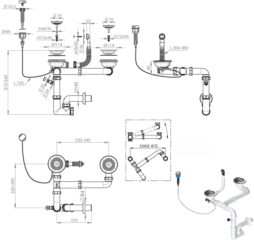 GRANMASTER Automatischer Platzsparender 2-Kammer-Siphon mit überlauf - Ablaufgarnitur für Spüle - Ma