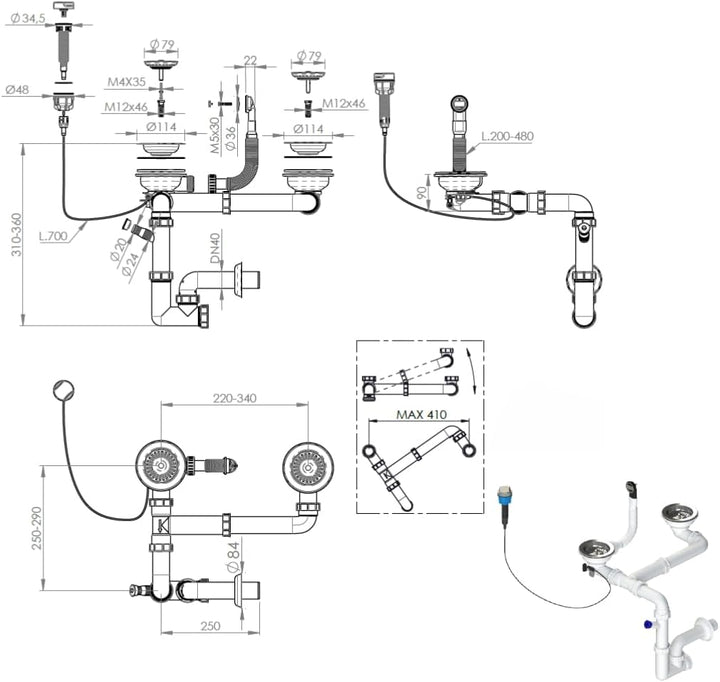 GRANMASTER Automatischer Platzsparender 2-Kammer-Siphon mit überlauf - Ablaufgarnitur für Spüle - Ma