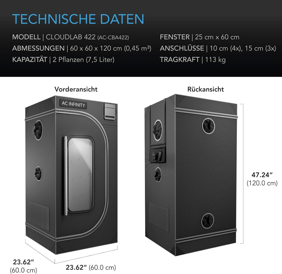 AC Infinity CLOUDLAB 422 Advance Wachstumszelt, 61 x 61 x 121,9 cm, dickste 2,5 cm Stangen, höchste