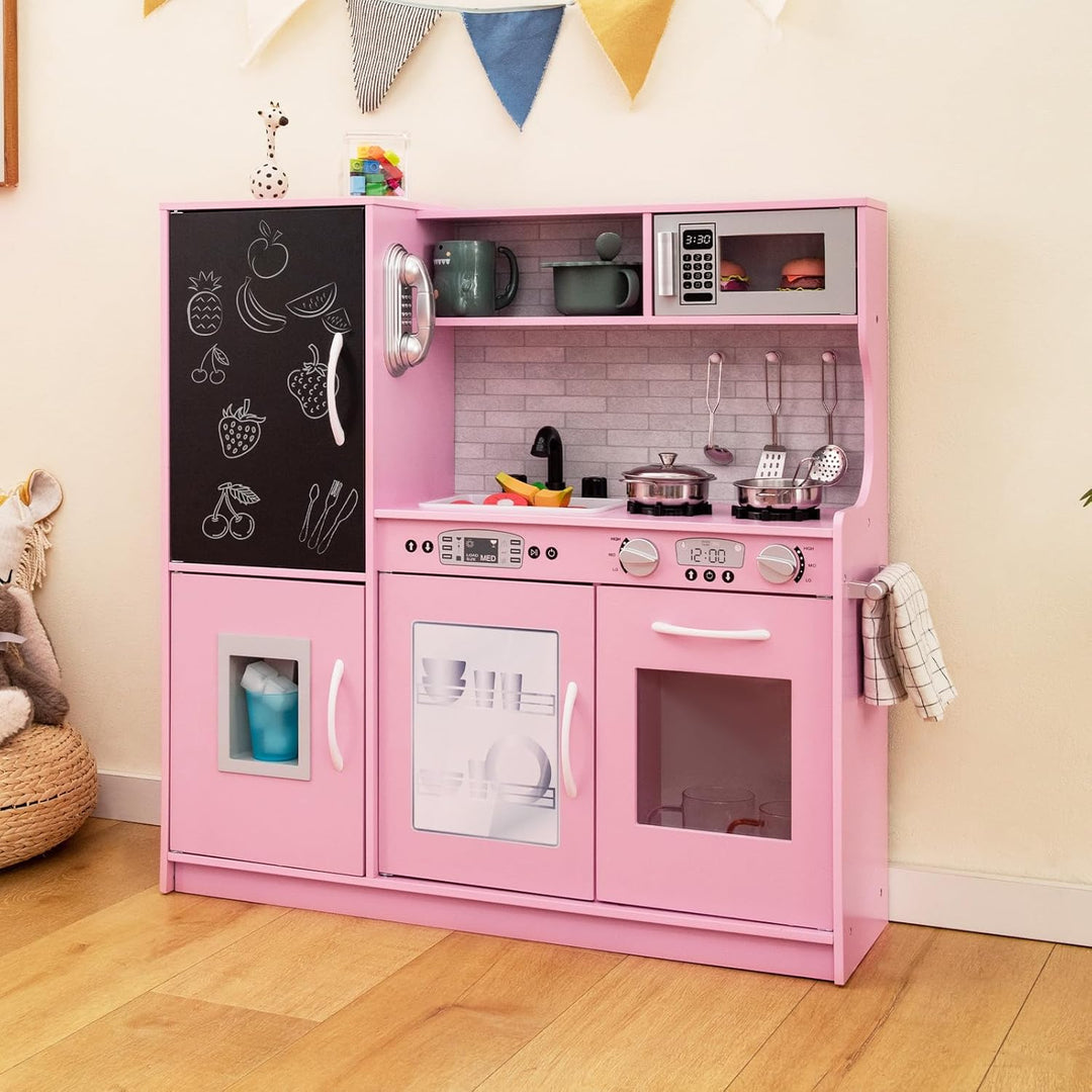 HOMASIS Spielküche mit 10 Zubehör, Kinderküche Holz, Spielzeugküche mit Tafel Spüle Herd Ofen Mikrow