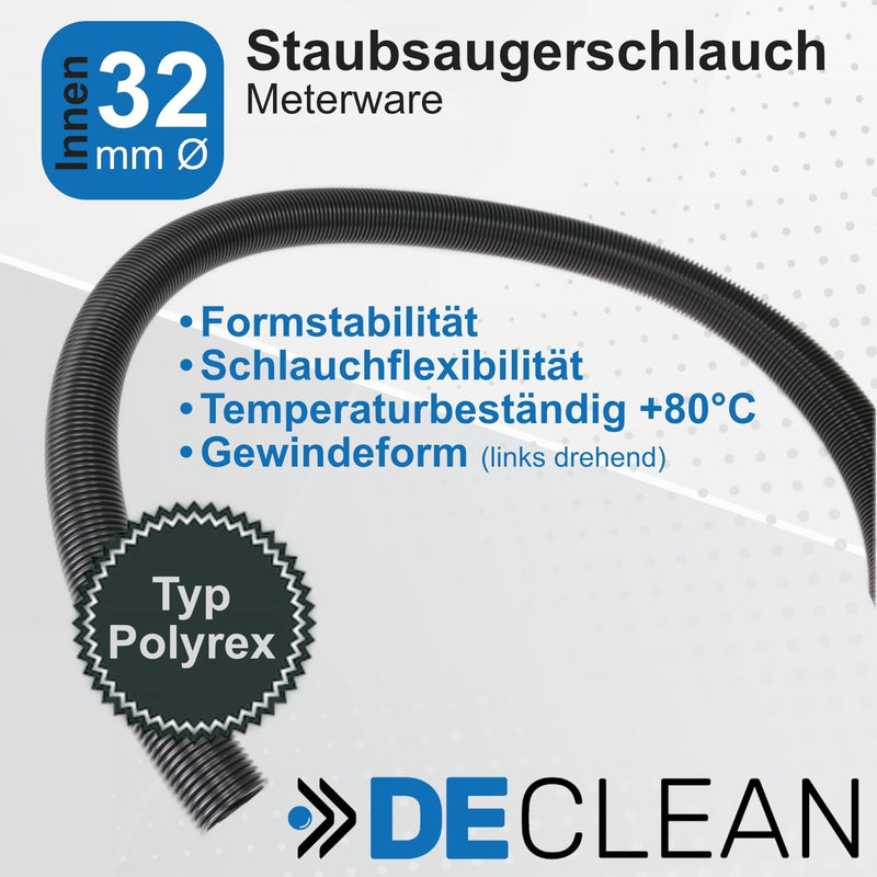 DeClean 7 Meter Staubsaugerschlauch Meterware 32mm Ø Innen, Saugschlauch, Reparaturschlauch, Schlauc