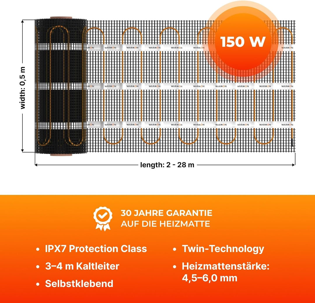 Zweiader-Heizmatte WARMON CLASSIC 150 W/m² für Fliesen, Festwiderstandsheizkabel, selbstklebend mit