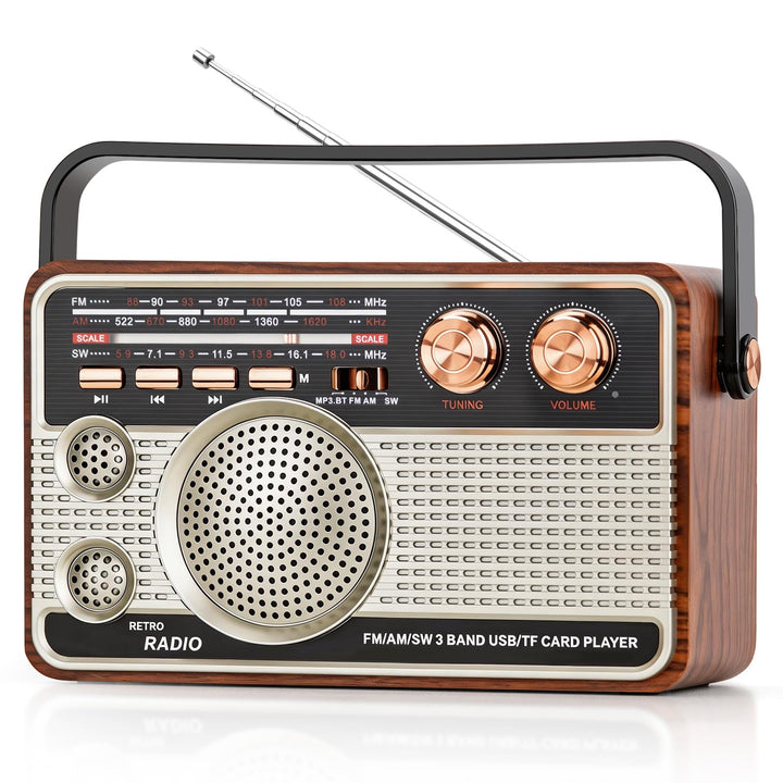 Retro Radio Vintage Holz-Handradio, wiederaufladbares Multiband (FM/AM/SW) mit Super Heavy Bass, Tra