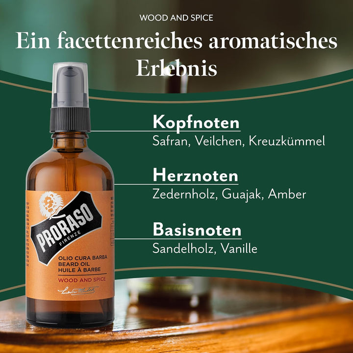 Proraso Beard Oil, Wood & Spice, 100 ml, Bartöl mit Zedernholz & Zitrus-Duft, Bart Weichmacher pfleg
