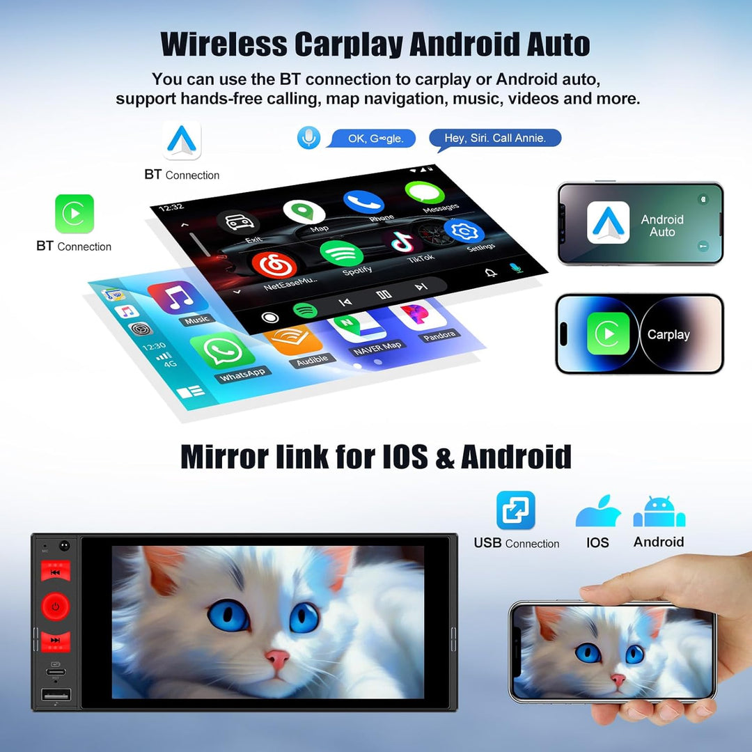 CAMECHO Autoradio 1 Din Wireless CarPlay mit 6 Zoll Bildschirm Android Auto Radio Touchscreen mit Bl