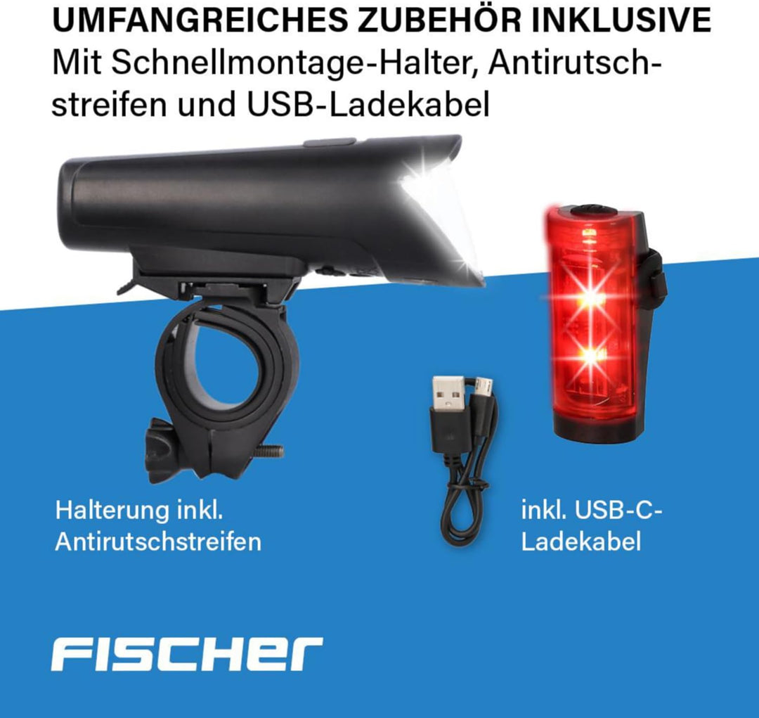 Fischer Fahrrad LED-Akku Beleuchtungs-Set small-Box, spritzwassergeschützt, wiederaufladbar 45 Lux,