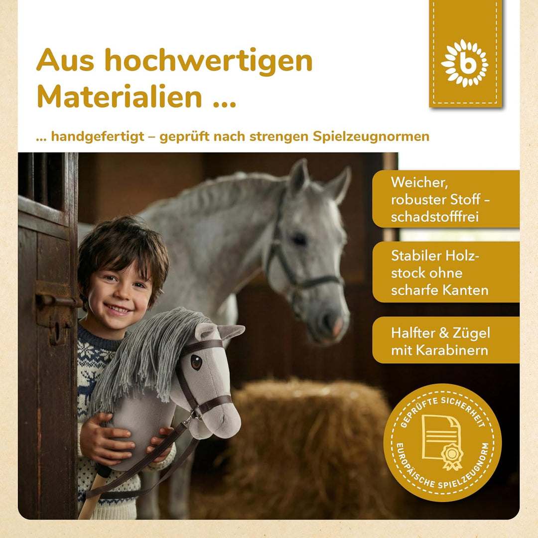 Bieco Hobby Horse Steckenpferd Grauer - Grösse M, mit Trense | Abnehmbarer Stock & Schweif, für Spri
