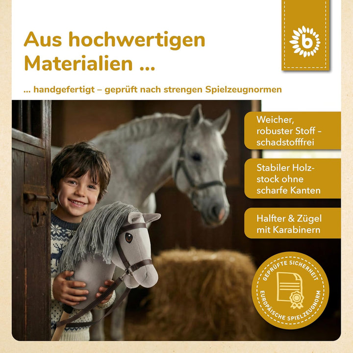 Bieco Hobby Horse Steckenpferd Grauer - Grösse M, mit Trense | Abnehmbarer Stock & Schweif, für Spri