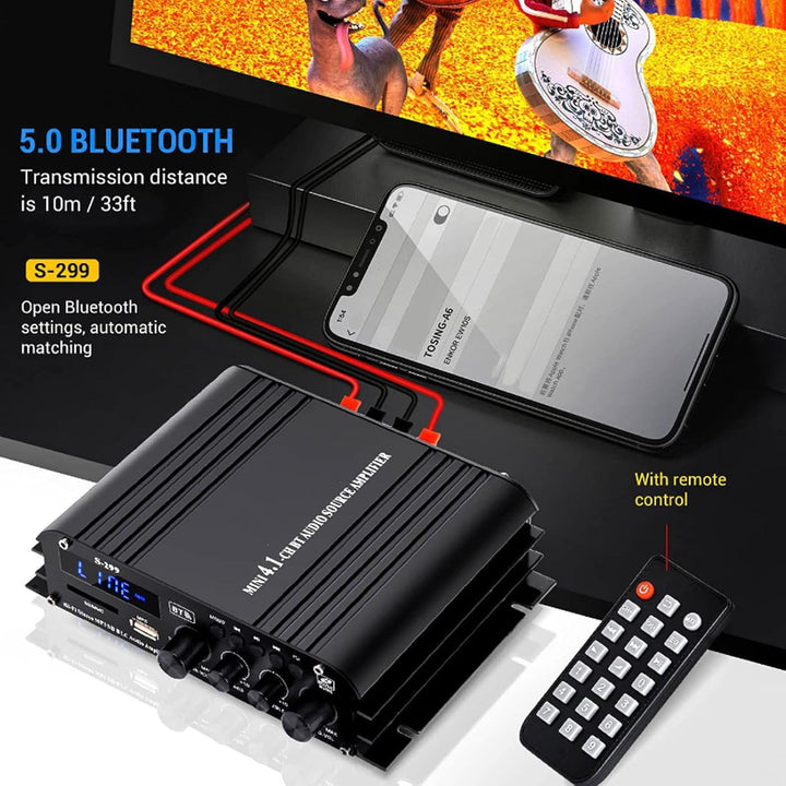 4-Kanal Verstärker, 1600W Audio Leistungsverstärker Bluetooth 5.0, 40Wx4 mit USB/Mikrofon/FM mit Fer