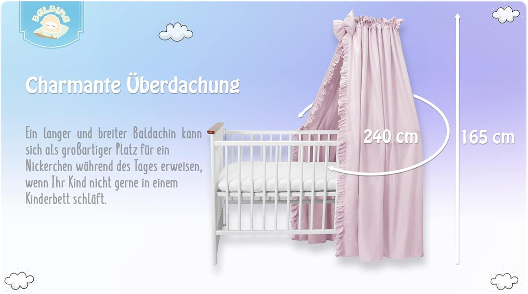 balbina Baldachin 100% Baumwolle, Deko-Set für Kinderbett, Betthimmel mit Rüsche & Schleife, Moskito
