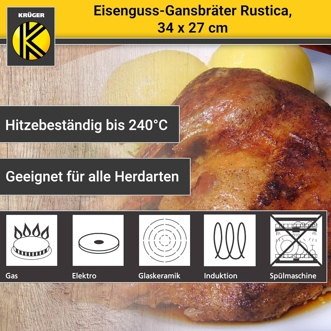 Krüger Gusseisen Gansbräter mit Deckel - emailliert - hohe Hitzebeständigkeit und sehr gute Wärmespe