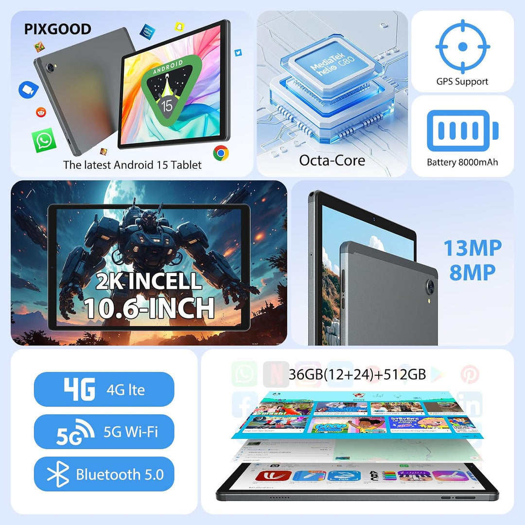 2K 10.6 Zoll Android 15 Tablet, 4G LTE+5G WiFi, 36GB RAM+512GB ROM (2TB TF), Octa-Core, 2000 * 1200F