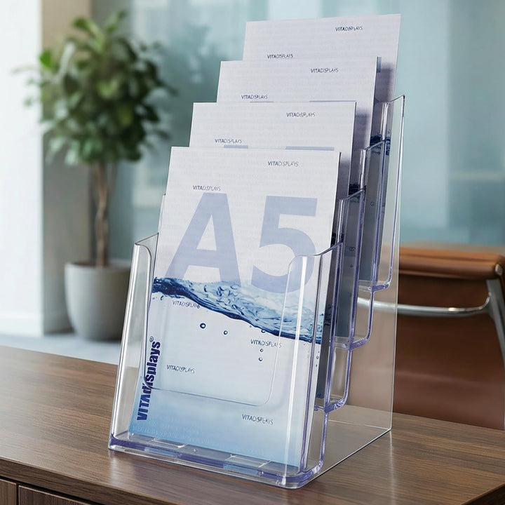 2 Stk. DIN A5 Tischprospektständer mit vier Etagen, Flyerständer, transparenter Flyerhalter und Pros