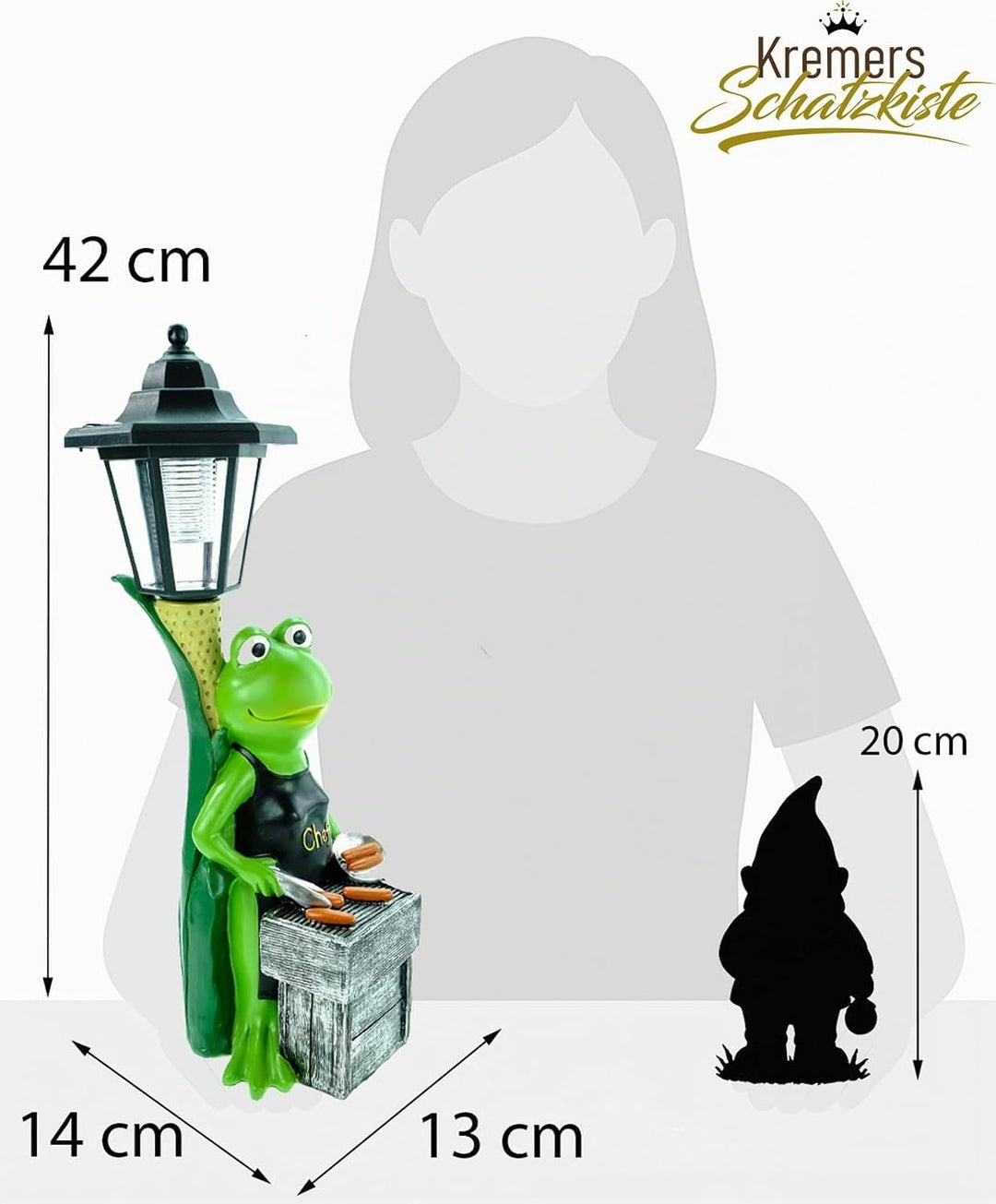 Kremers Schatzkiste XXL Frosch Grillmeister LED Solarlaterne 42x14cm handbemalte Polyresin Gartenfig