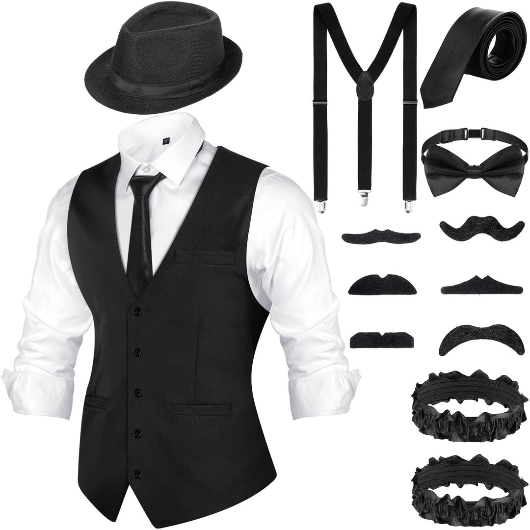 Blulu 1920er Herren Zubehör Gatsby Gangster Kleidung Kostüm Cosplay Outfit mit Weste Fedora Hut Tasc