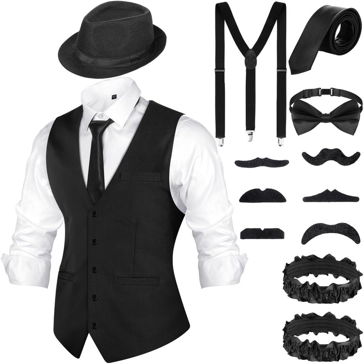 Blulu 1920er Herren Zubehör Gatsby Gangster Kleidung Kostüm Cosplay Outfit mit Weste Fedora Hut Tasc