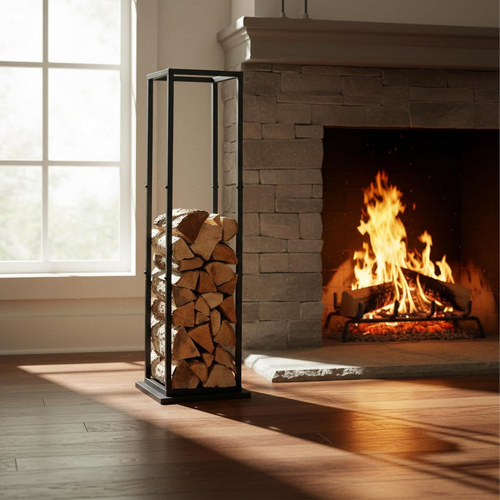 Relaxdays, schwarz Kaminholzregal, Metall, HBT: 121x35x35 cm, Brennholzregal hoch, für Feuerholz, St