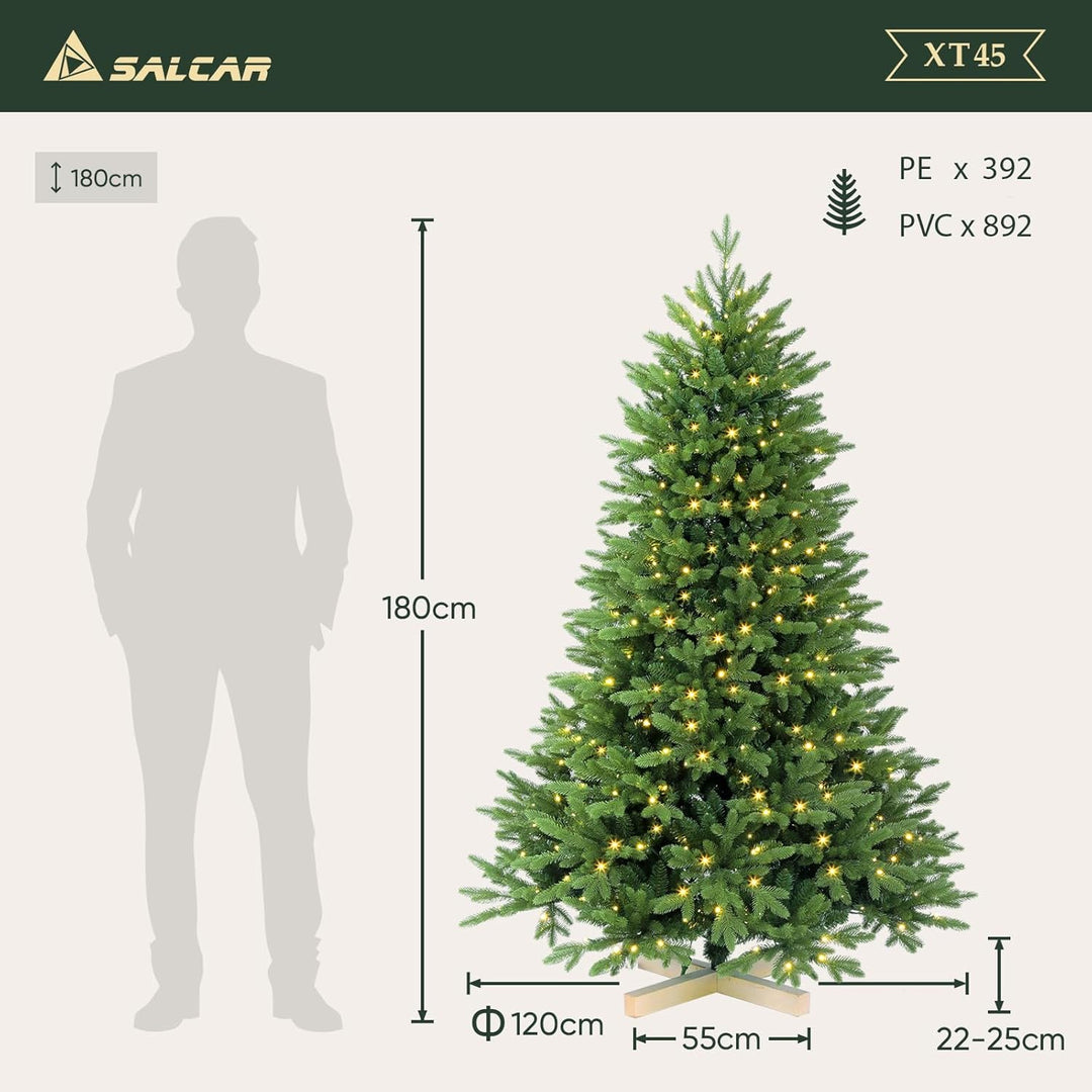 SALCAR Künstlicher Weihnachtsbaum 180 cm mit Warm LED-Beleuchtung und Holzständer, PE-Spritzguss und
