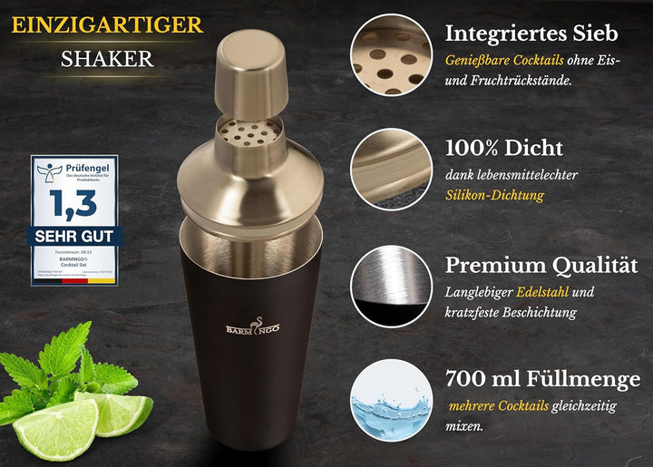 BARMINGO® Edelstahl Cocktail Set 11tlg. – 700 ml Cocktail Shaker Set mit Ständer und Bar Zubehör, Co