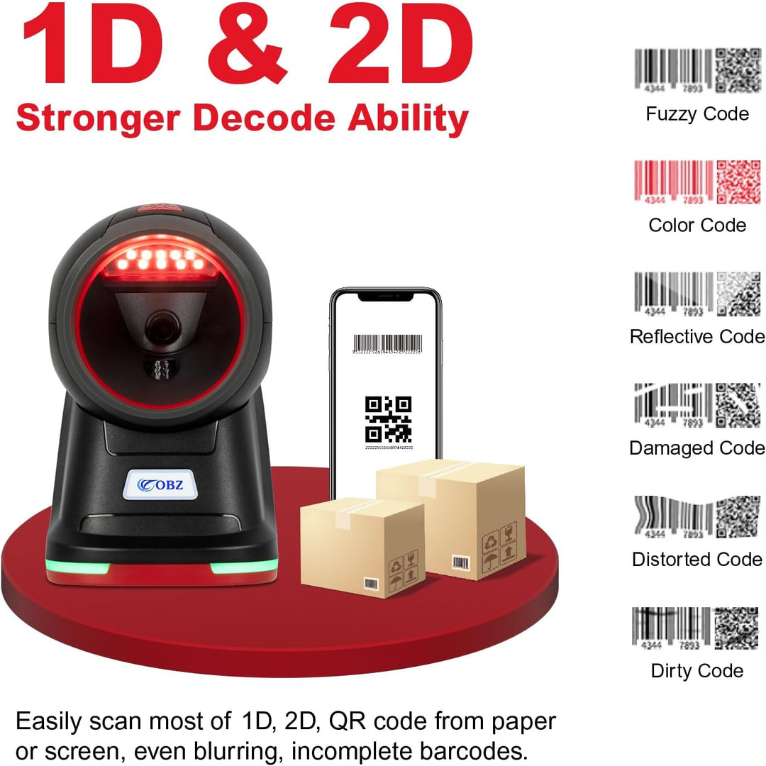 OBZ Desktop Barcode Scanner 1D 2D QR-Code | USB-Kabelgebundener Hands-Free mit Omnidirektionalem Sca