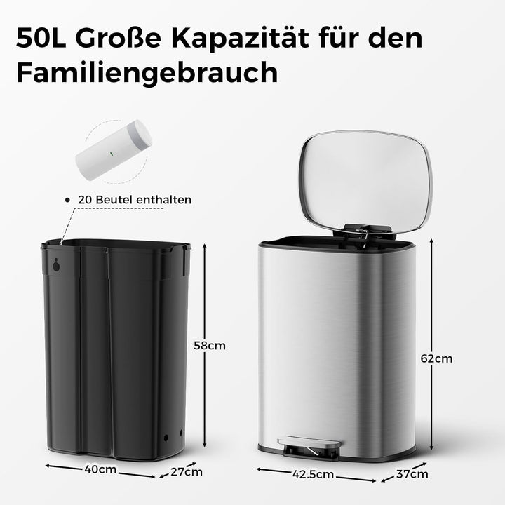 YASHE Mülleimer 50L, Grosser Abfalleimer Küche mit 20 Müllbeuteln, Tretpedal, Soft-Close Deckel, Lei