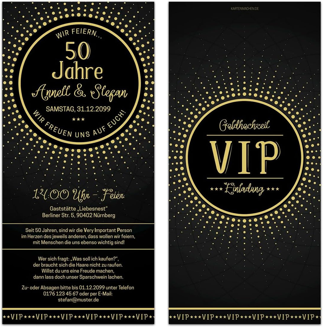 10 x Hochzeitseinladungen individuelle Einladungskarten Goldhochzeit - Schwarz/Gold VIP