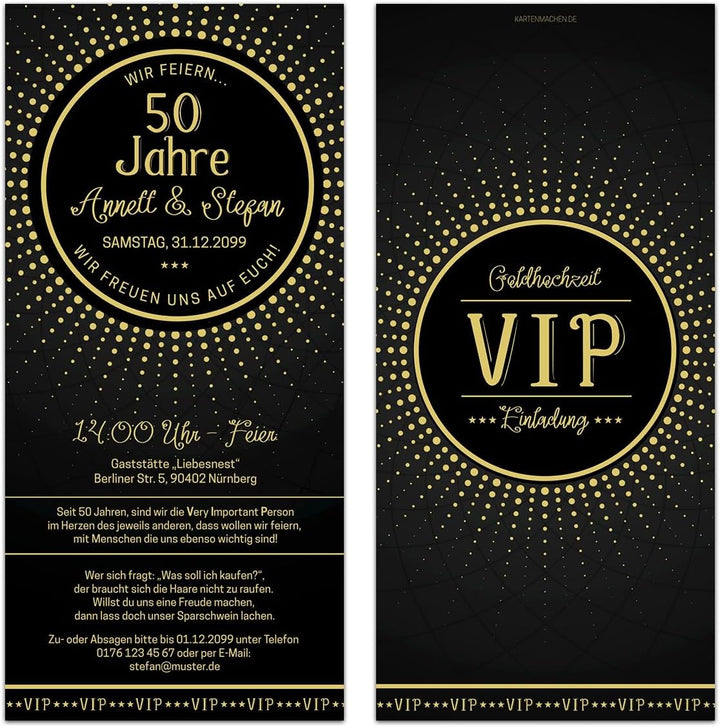 10 x Hochzeitseinladungen individuelle Einladungskarten Goldhochzeit - Schwarz/Gold VIP