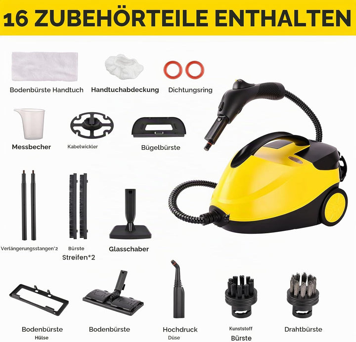 2000W Tragbarer Dampfreiniger Boden mit 1600-ml-Tank, Dampfdruck 4 bar, 16 Zubehörteile, Hochdruck D