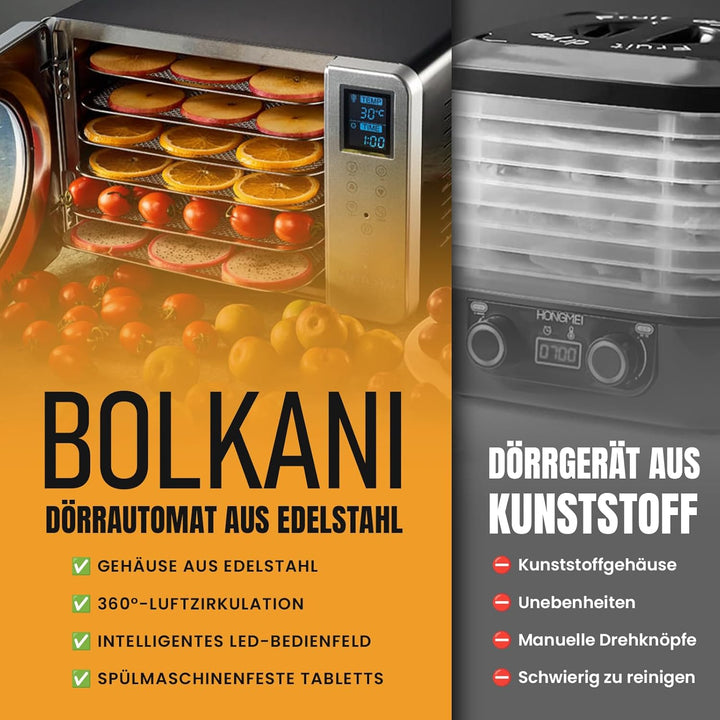 Dörrautomat Edelstahl, Dörrgerät & Food Dehydrator, 6 Dörrtabletts, 500W, LED-Display, 30–90°C, 24h