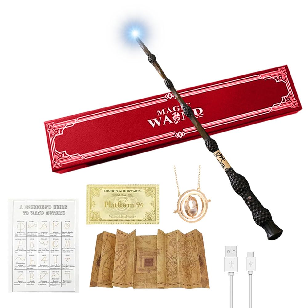 Dumbledore Zauberstab mit Licht, Elderstab Leuchtend, Wiederaufladbar Magic Wand Set mit Landkarte,
