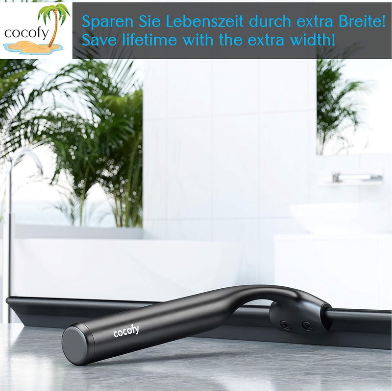 cocofy Duschabzieher schwarz matt breit XXL 45 cm ohne Bohren für Dusche, Fliesen mit Haken, Ersatzg