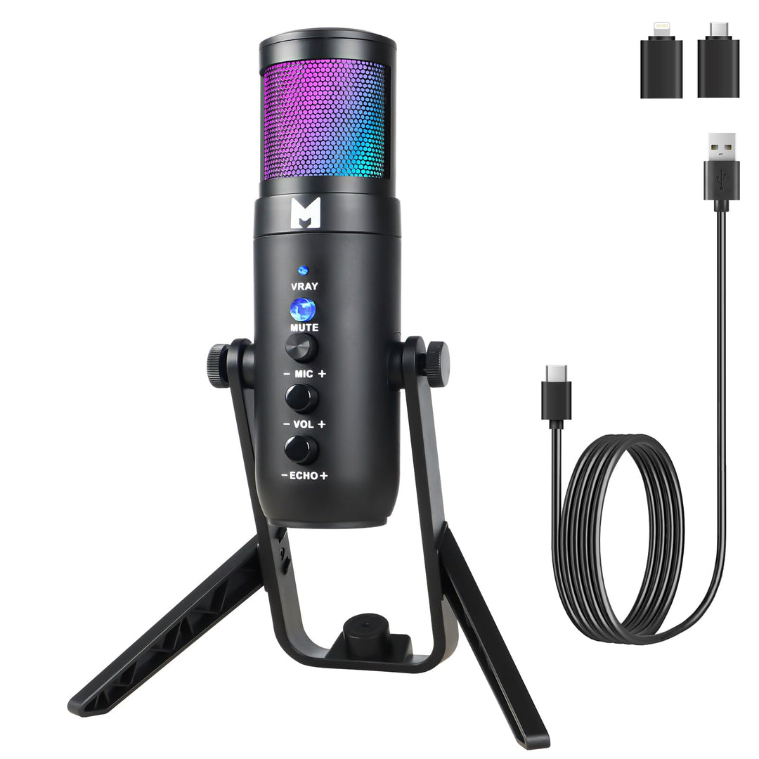 USB Mikrofon PC, Gaming Mikrofon für Streaming Podcast Voiceover, USB C Kondensator Mikrofon mit RGB