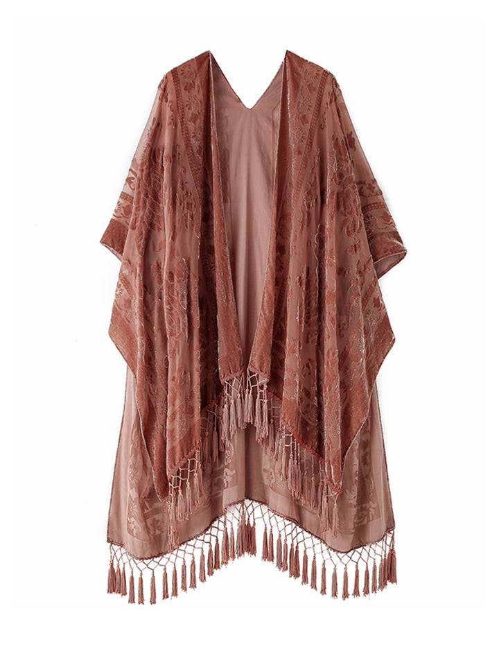 MJ SERECA Damen Burnout Samt Kimono Lange Strickjacke Cover Up Casual Outfit (Herbstblatt), Einheits