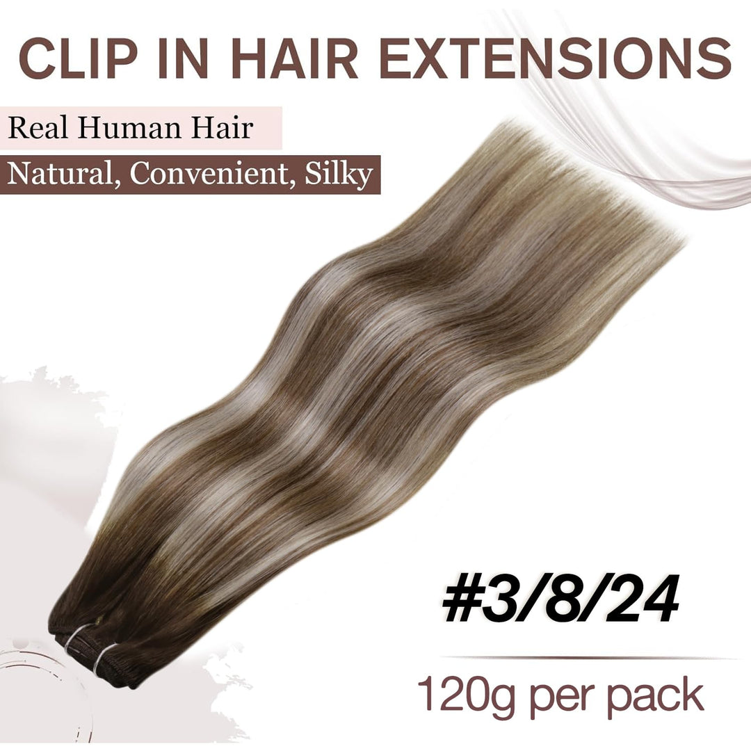 Hetto Echthaar Extensions Clip Balayage Dunkelbraun zu Hellbraun &amp; Hellashblond 50cm 120g 7pcs - Inv